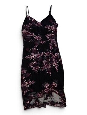 GUESS Floral Embroidered Mesh Lace Sheath Dress Black Pink Size 2 Y2K